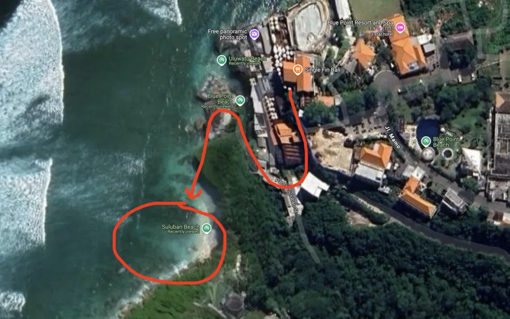 Map showing the best place to snorkel at Suluban Beach Bali